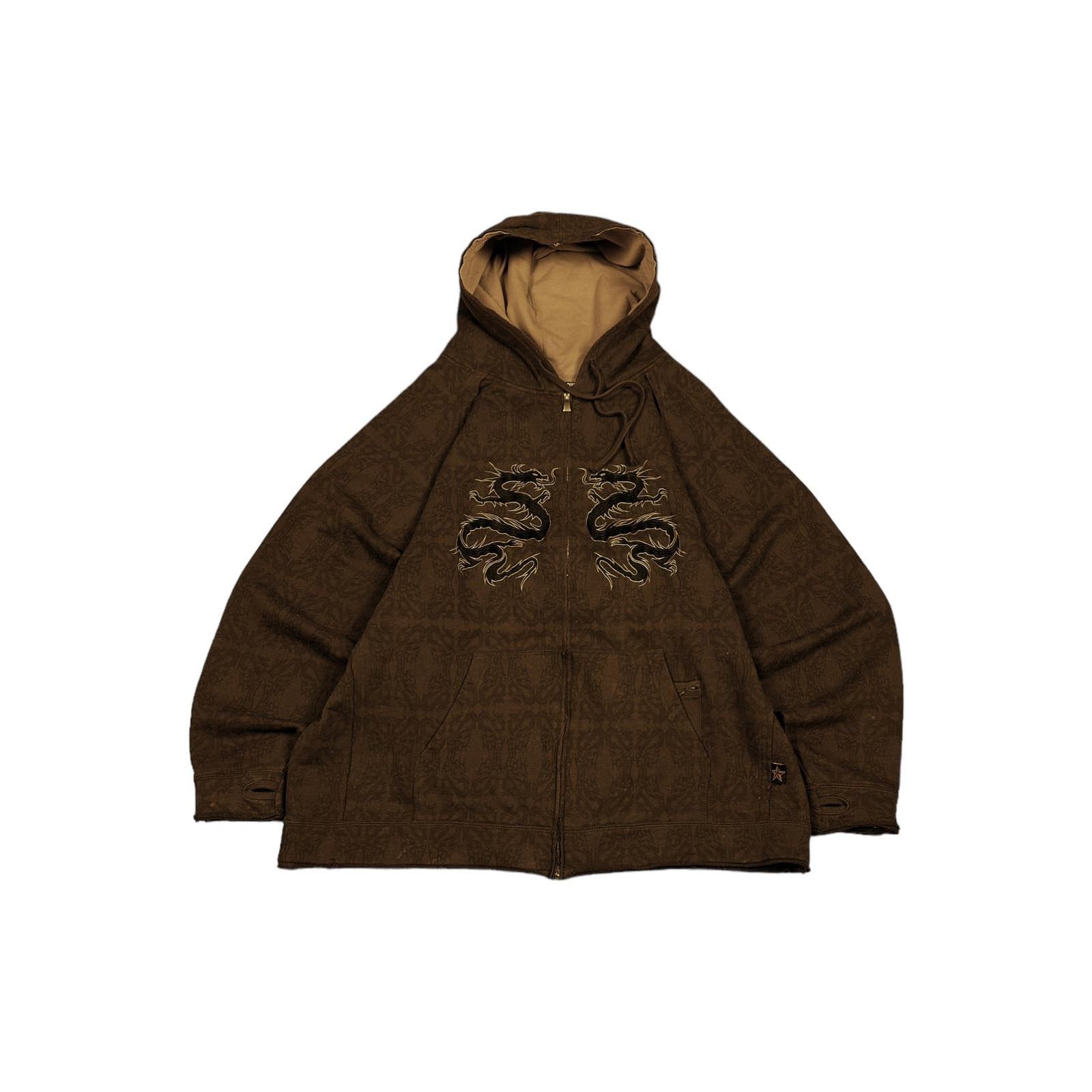 image of Affliction Top Heavy Y2K Tribal Dragon Zip Hoodie in Brown, Men's (Size 2XL)