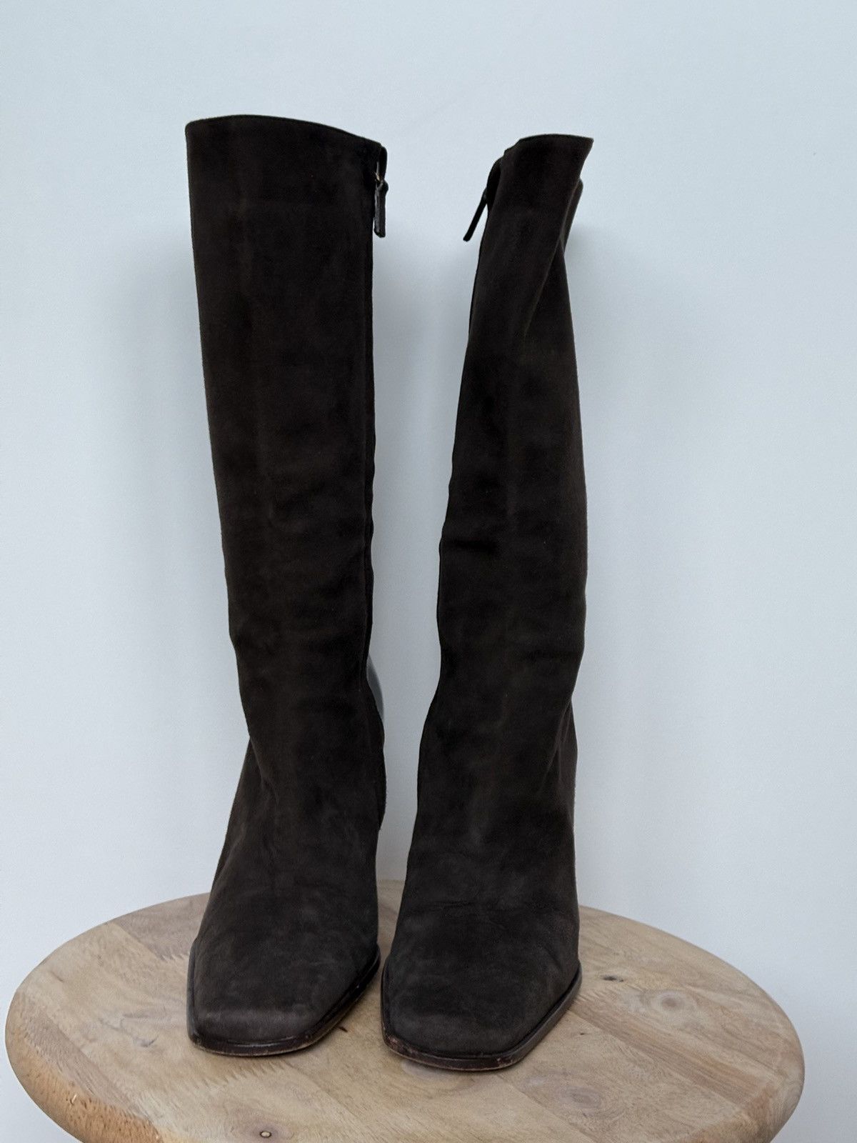 Gucci × Vintage Gucci Suede Dark Brown Riding Boots Squared Toe Heels Size US 5.5 / IT 35.5 - 4 Thumbnail