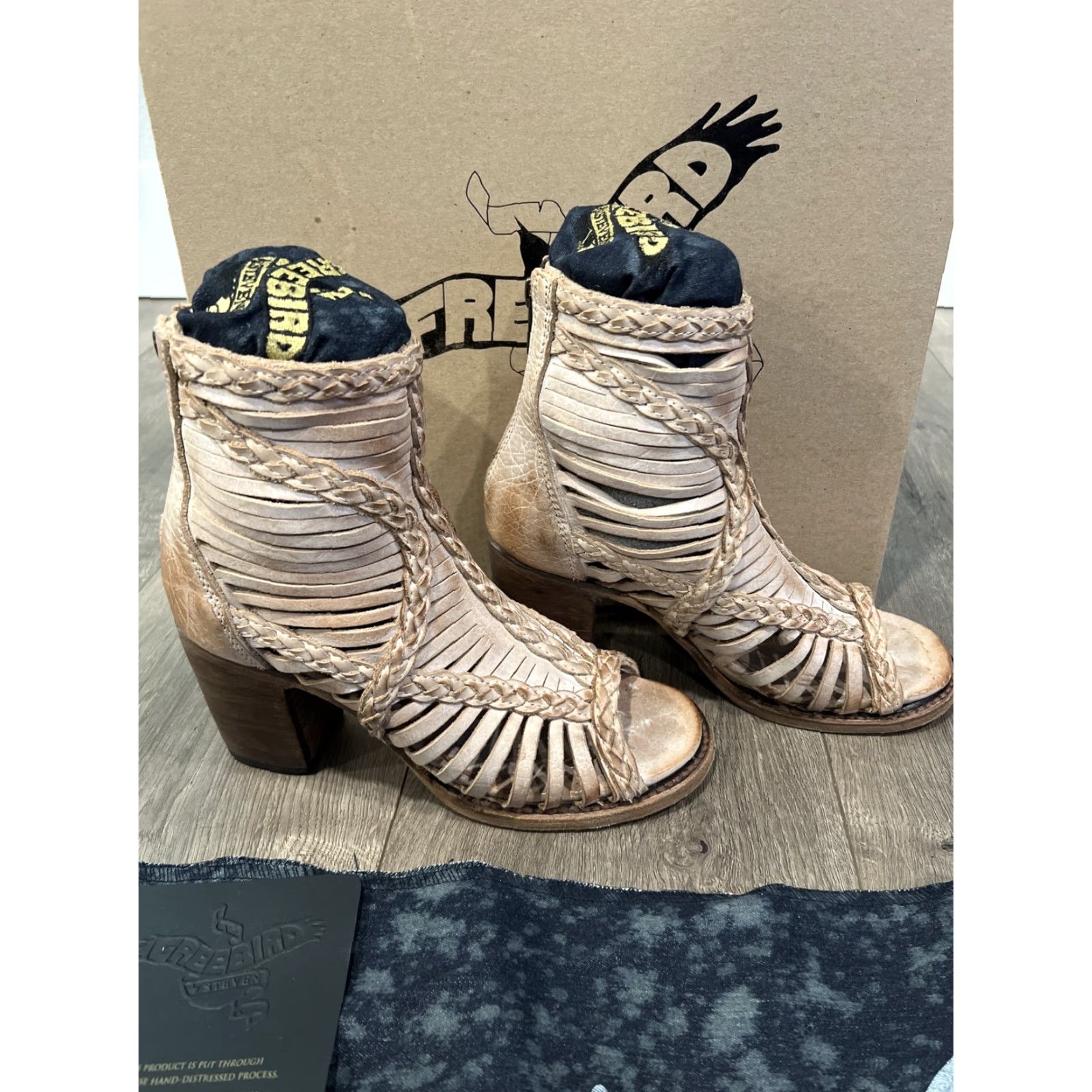 FREEBIRD Freebird By Steven Bela Bootie Women US Size 7 Taupe Leather Cage Braid Peep Toe Boho Block Heel Womens Size US 7 / IT 37 - 3 Thumbnail