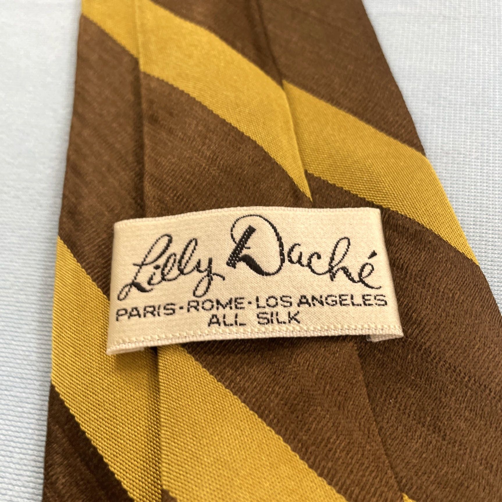 Vintage VINTAGE Lilly Dache All Silk Repp Tie Striped Brown Yellow Retro Mod Ratpack vtg 4x56 Capsule Necktie Mens Tie 57"-60" Brown Yellow Silk Neckwear Size ONE SIZE - 6 Thumbnail