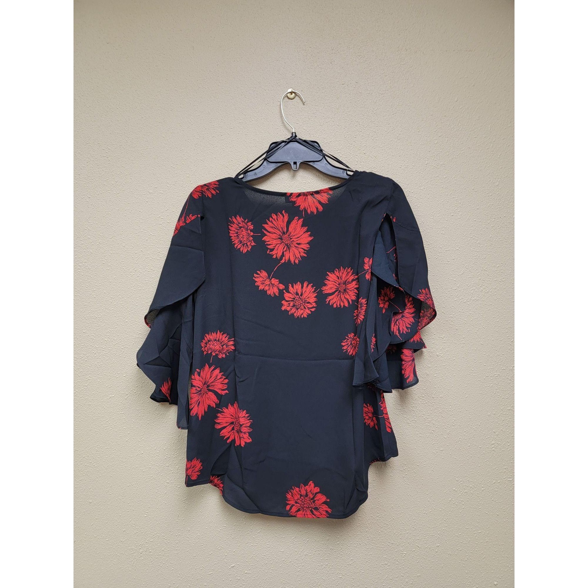 Vince Camuto Vince Camuto Womens Black/Red Floral Blouse W/ Ruffle Sleeve Size S / US 4 / IT 40 - 2 Thumbnail