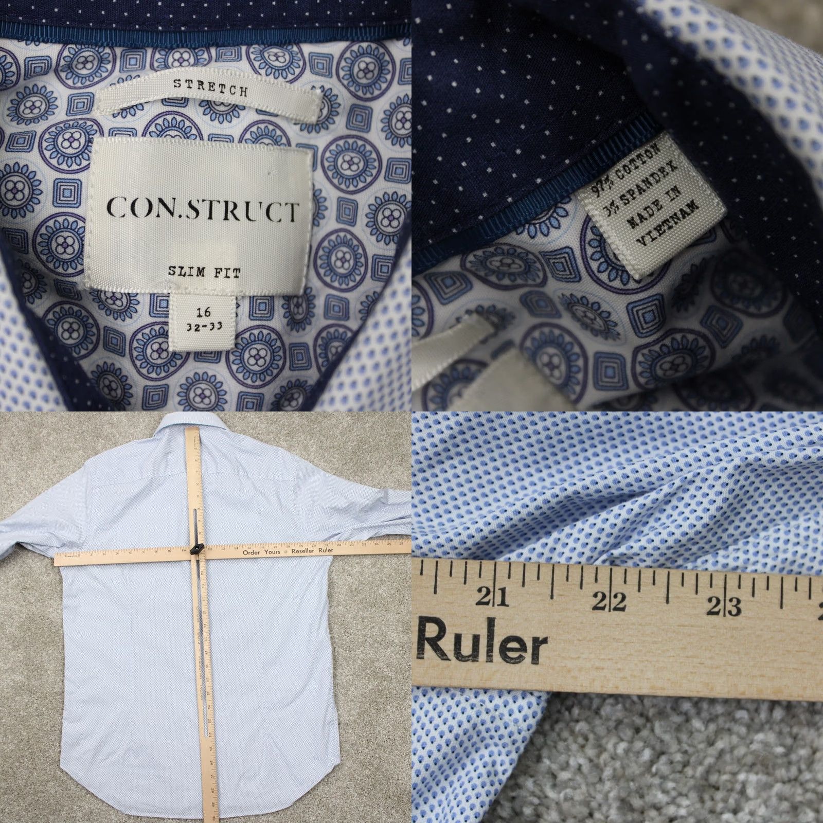 Vintage Construct Dress Shirt Men 16 Slim Fit Blue Long Sleeve Cotton Stretch Size US L / EU 52-54 / 3 - 8 Thumbnail