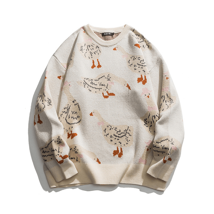 Japanese Brand Beige casual retro cartoon goose print knit sweater Size US L / EU 52-54 / 3 - 1 Thumbnail