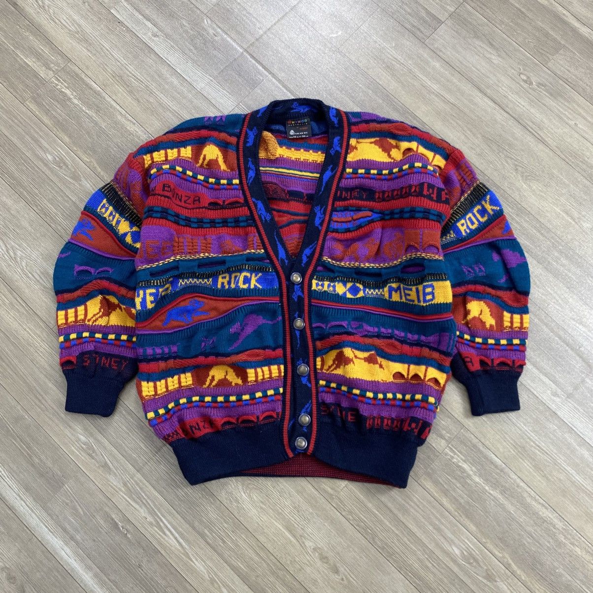 Vtg Emaroo Australia Coogi Style 3D Coloured Knit Cardigan