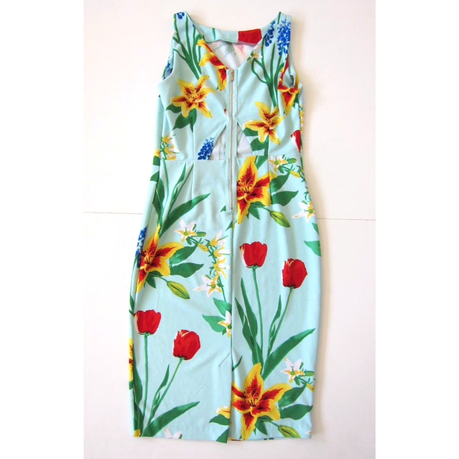 Vintage New York & Company Stretch Sleeveless Sheath Dress S Blue Tulip Flower Midi Dress Size S / US 4 / IT 40 - 2 Thumbnail