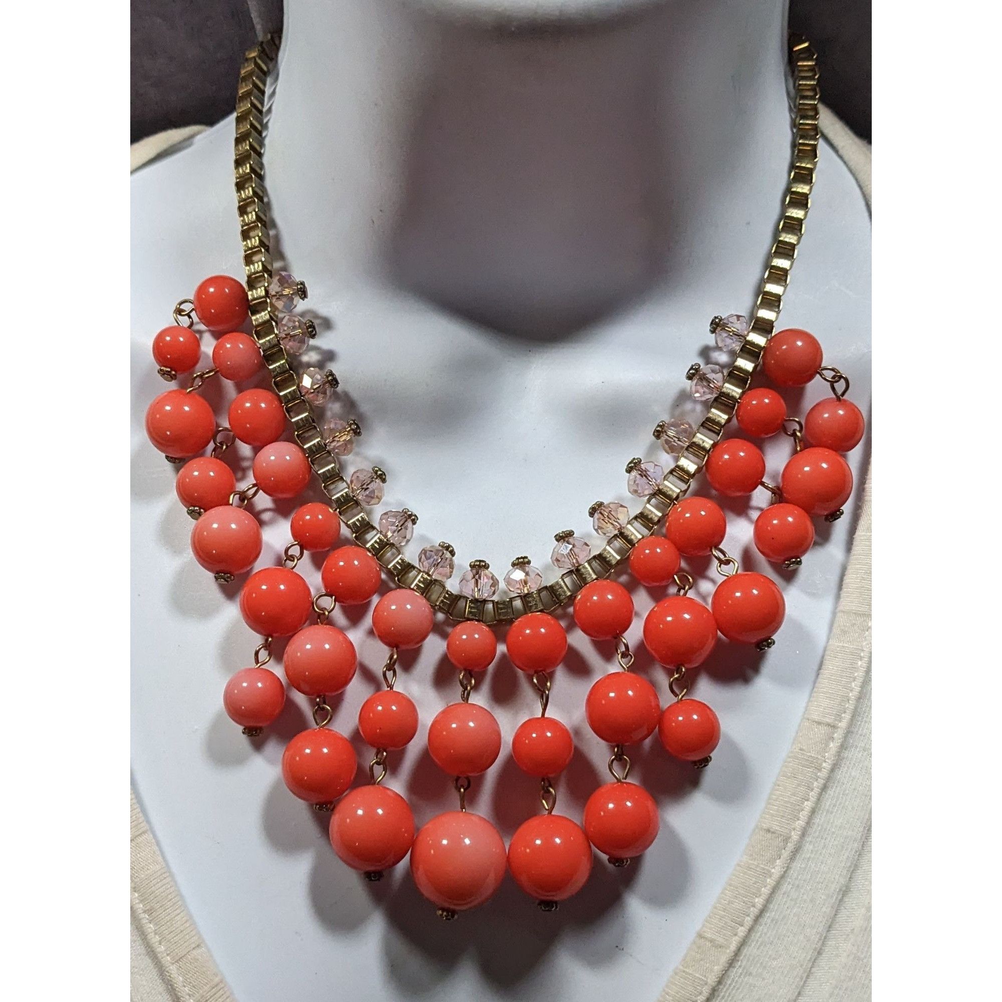 Other Vintage Salmon Beaded Fringe Necklace On Gold Tone Box Chain Size ONE SIZE - 2 Thumbnail