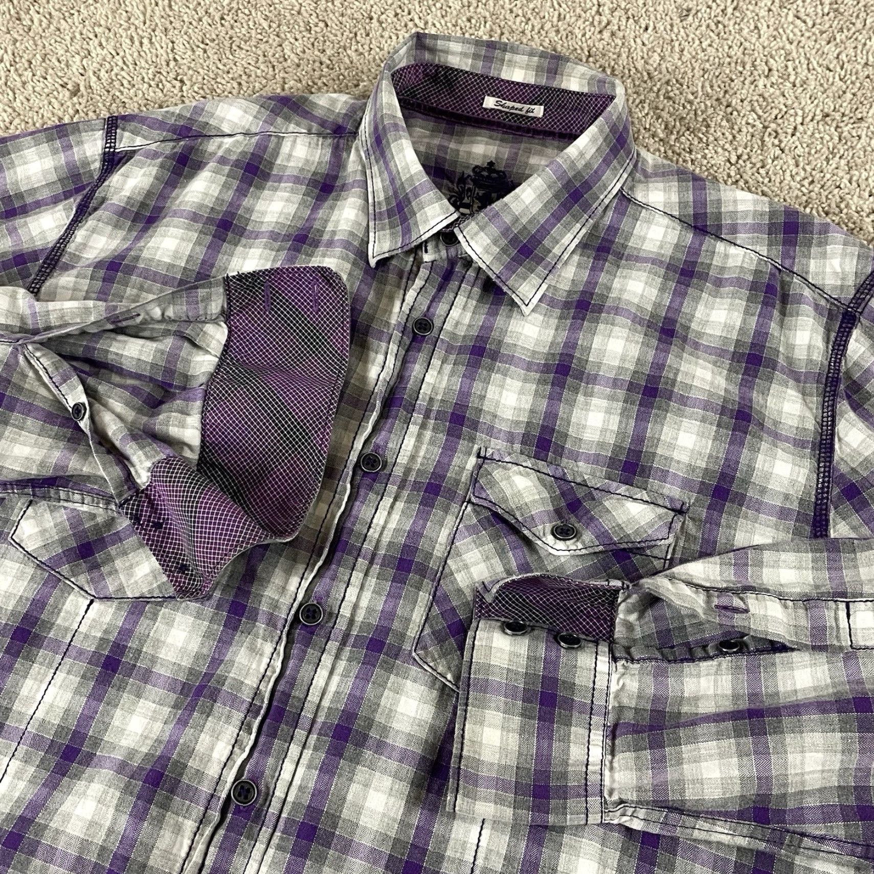 BUGATCHI Bugatchi Shirt Large Gray Purple Flip Cuff Long Sleeve Shaped Fit Button T489 Size US L / EU 52-54 / 3 - 2 Thumbnail