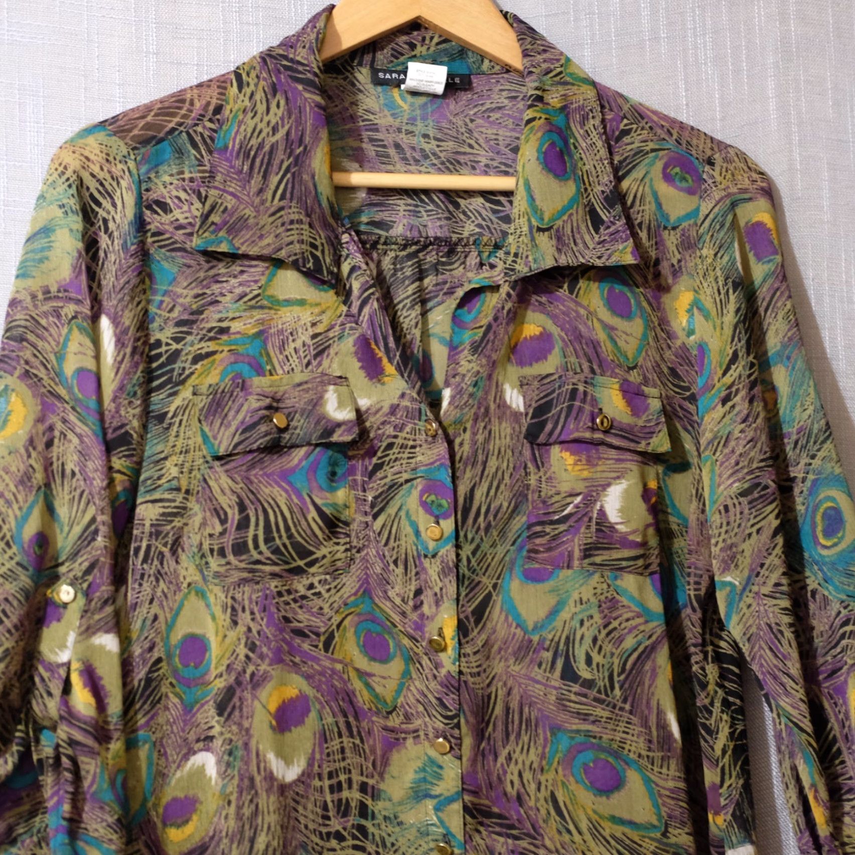 Vintage Sara Michelle Blouse Geometric Print 3/4 Rolltab Sleeve Peacock M Women's Shirt Casual Workwear XS? Size M / US 6-8 / IT 42-44 - 2 Thumbnail