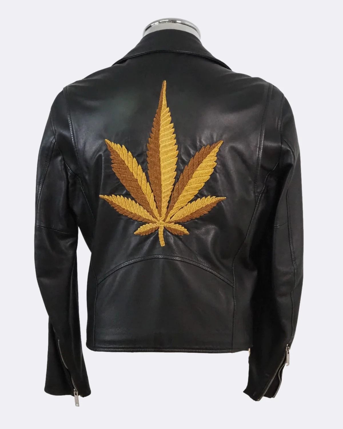 Palm Angels Marijuana Leaf Embroidered Leather Biker Jacket $1485 | Grailed