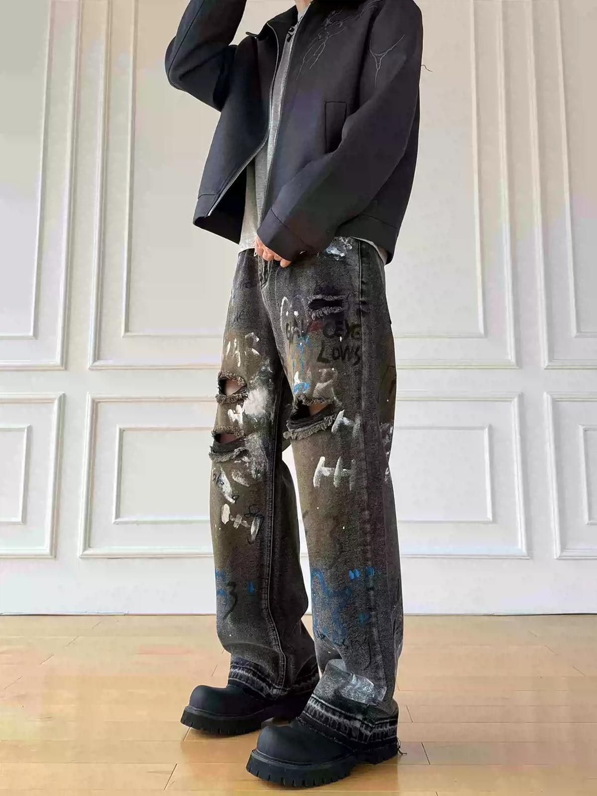 Other Graffiti-Print Ripped Wide Leg Baggy Jeans Size US 32 / EU 48 - 1 Thumbnail