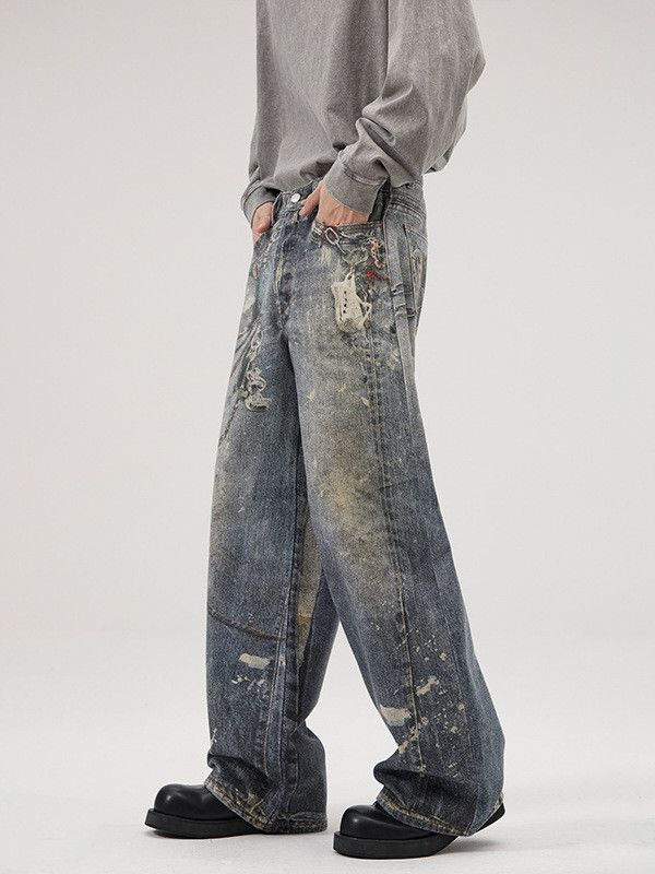 Japanese Brand Men's distressed chain print loose straight leg jeans Size US 32 / EU 48 - 3 Thumbnail