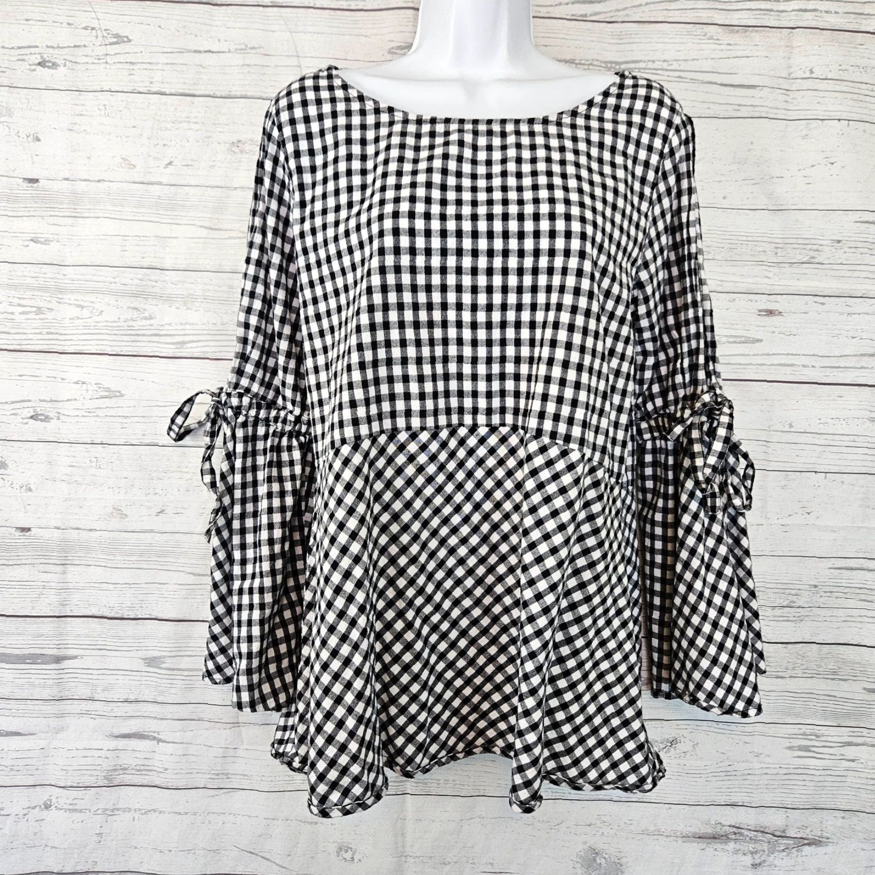 Loft LOFT Womens Top Blouse Gingham Black White Split Sleeves Cotton Size L Size L / US 10 / IT 46 - 2 Thumbnail
