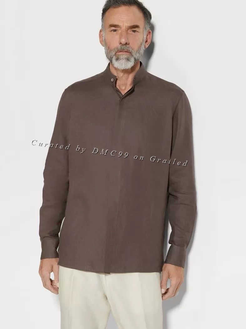Ermenegildo Zegna Zegna Oasi Lino Brown Linen Shirt Size US XS / EU 42 / 0 - 1 Thumbnail