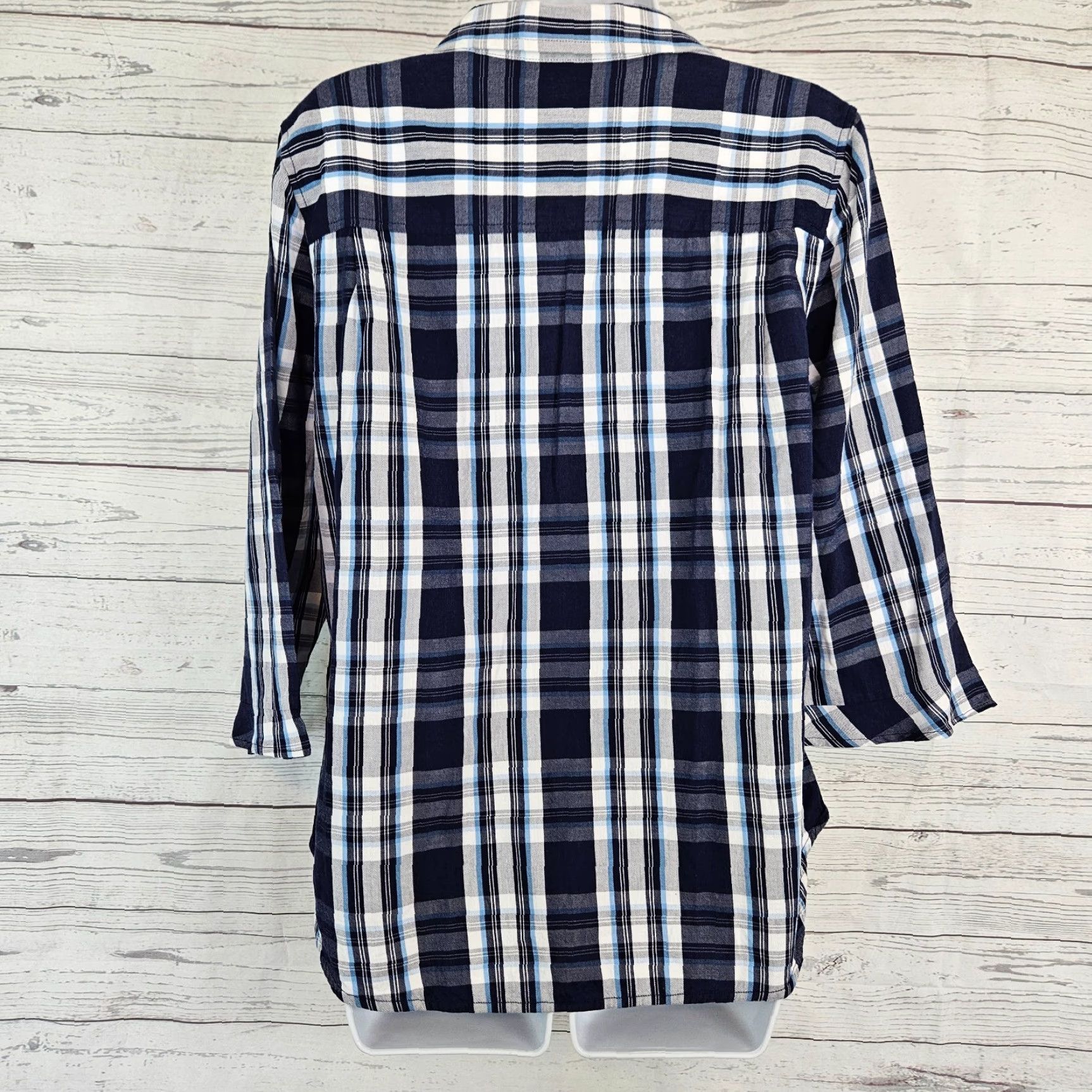 Vintage Draper James Button-Up Top Womens 14 Blue White Plaid 3/4 Sleeve Cotton Blend Shirt Womens Size XL / US 12-14 / IT 48-50 - 3 Thumbnail