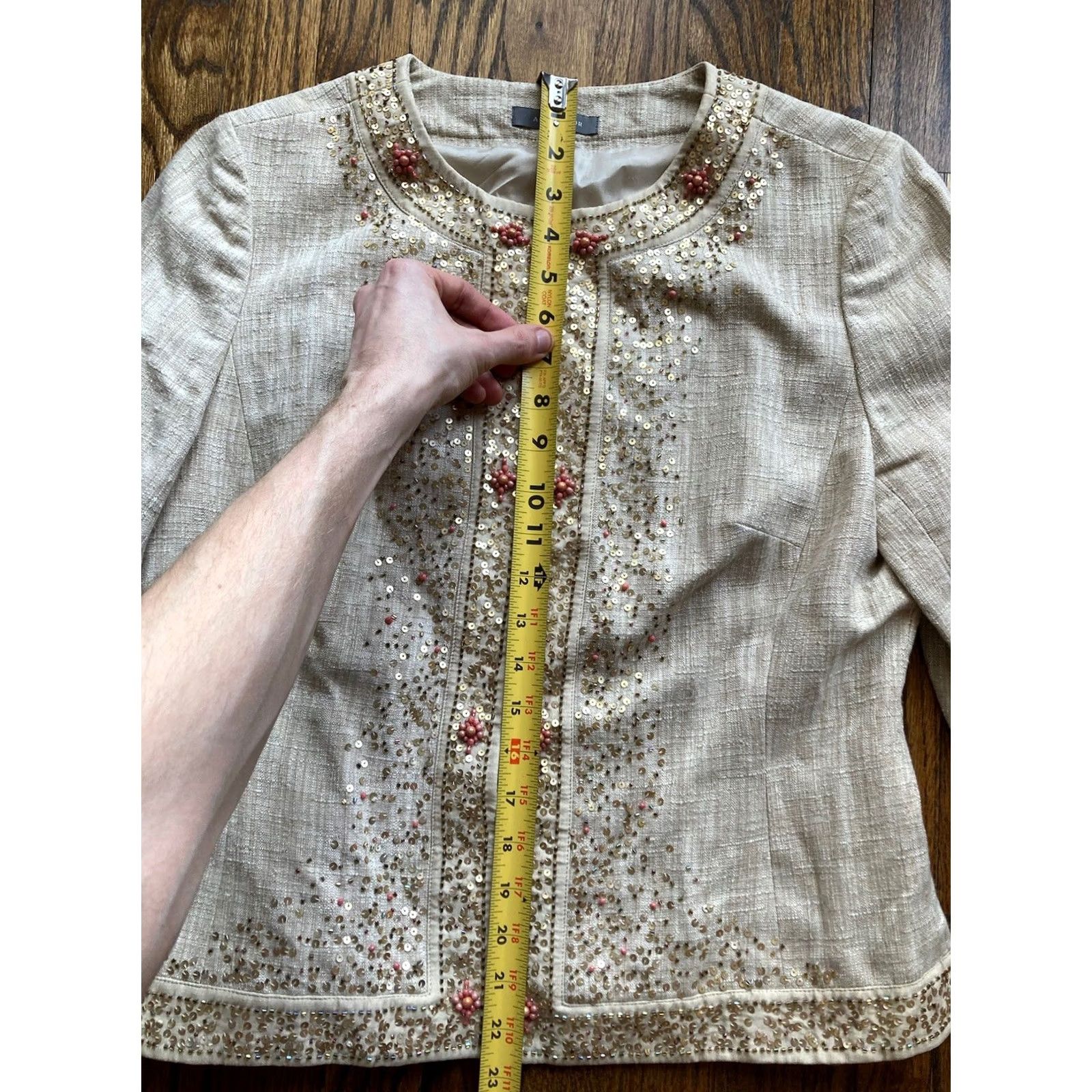 Ann Taylor Ann Taylor Jacket Womens Size 10 Beige Linen Blend Sequin Bejeweled Beaded Top Size L / US 10 / IT 46 - 7 Thumbnail