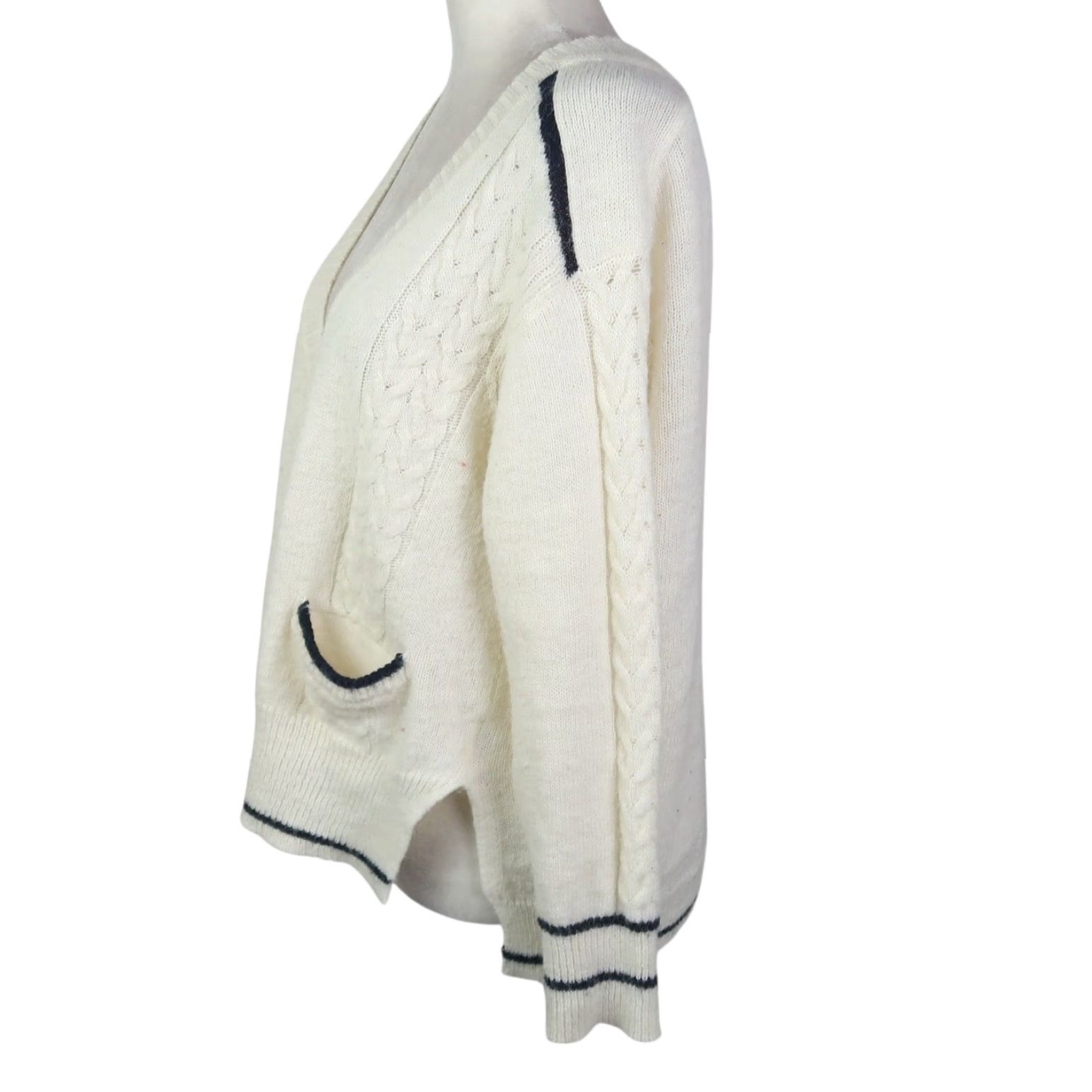 Vintage Folk by Hansel From Basel Cardigan Sweater Cream Navy Trim Wool Blend XS Women Long Sleeve V-Neck Size XS / US 0-2 / IT 36-38 - 3 Thumbnail