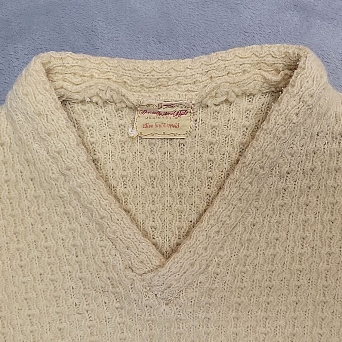 Vintage VTG Hand knit Sweater Mens L Pale Yellow Textured Fisherman Ellen Stubblefield Size US L / EU 52-54 / 3 - 5 Thumbnail