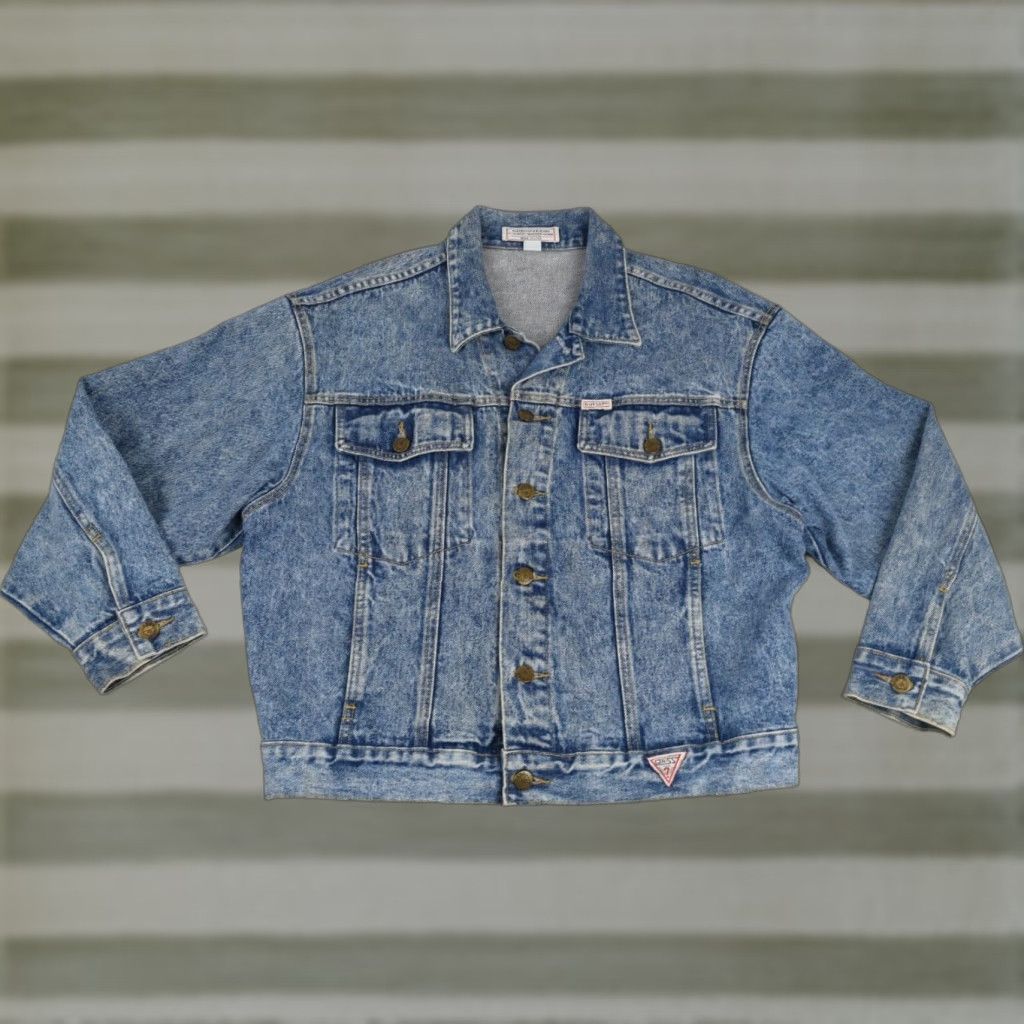 VINTAGE Guess Jacket Shirt S Adult Blue 1980s Jean Bronze Buttons Made USA