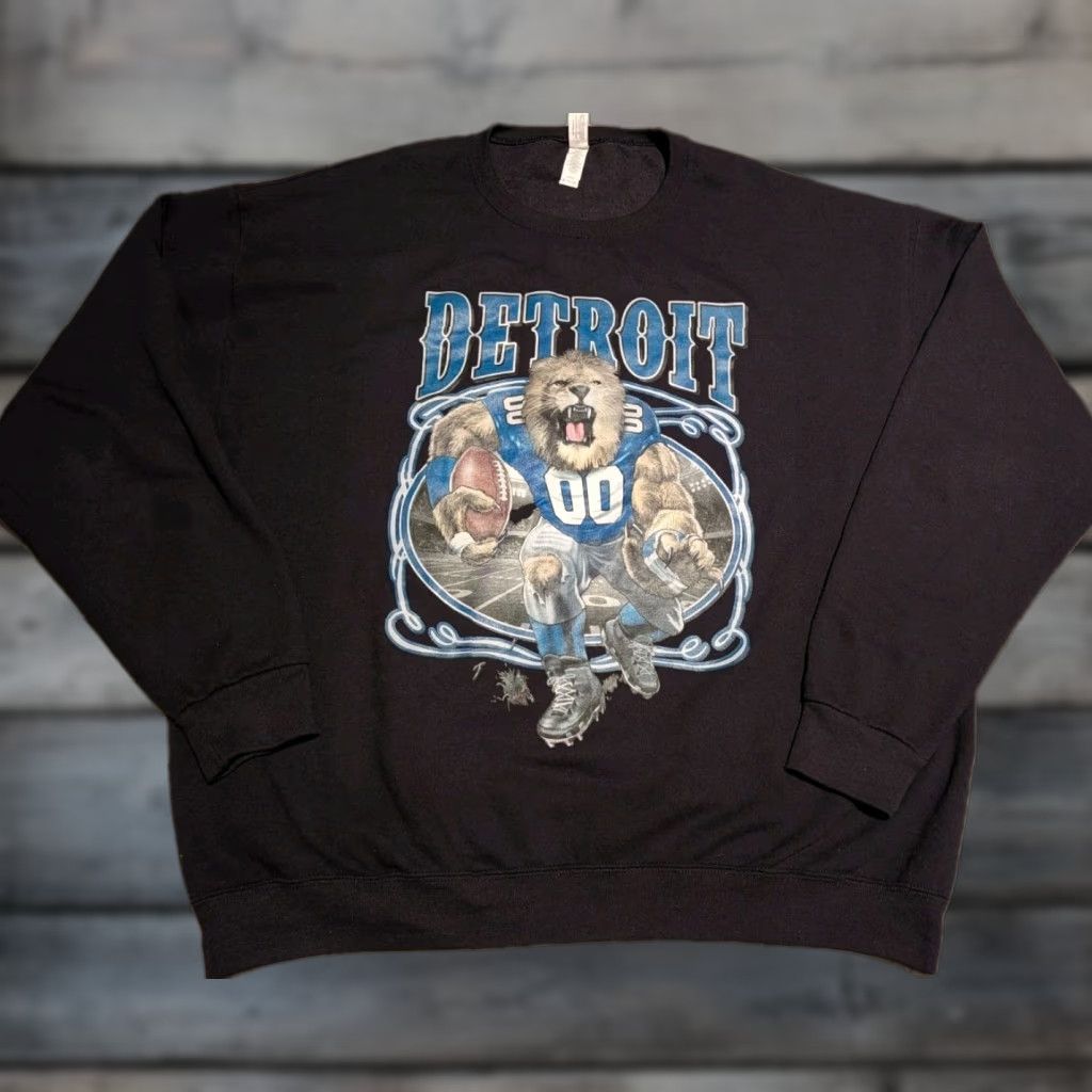 Jerzees Detroit Lions Graphic Crewneck Sweatshirt Black Mens XL Fleece Pullover Size US XL / EU 56 / 4 - 1 Thumbnail