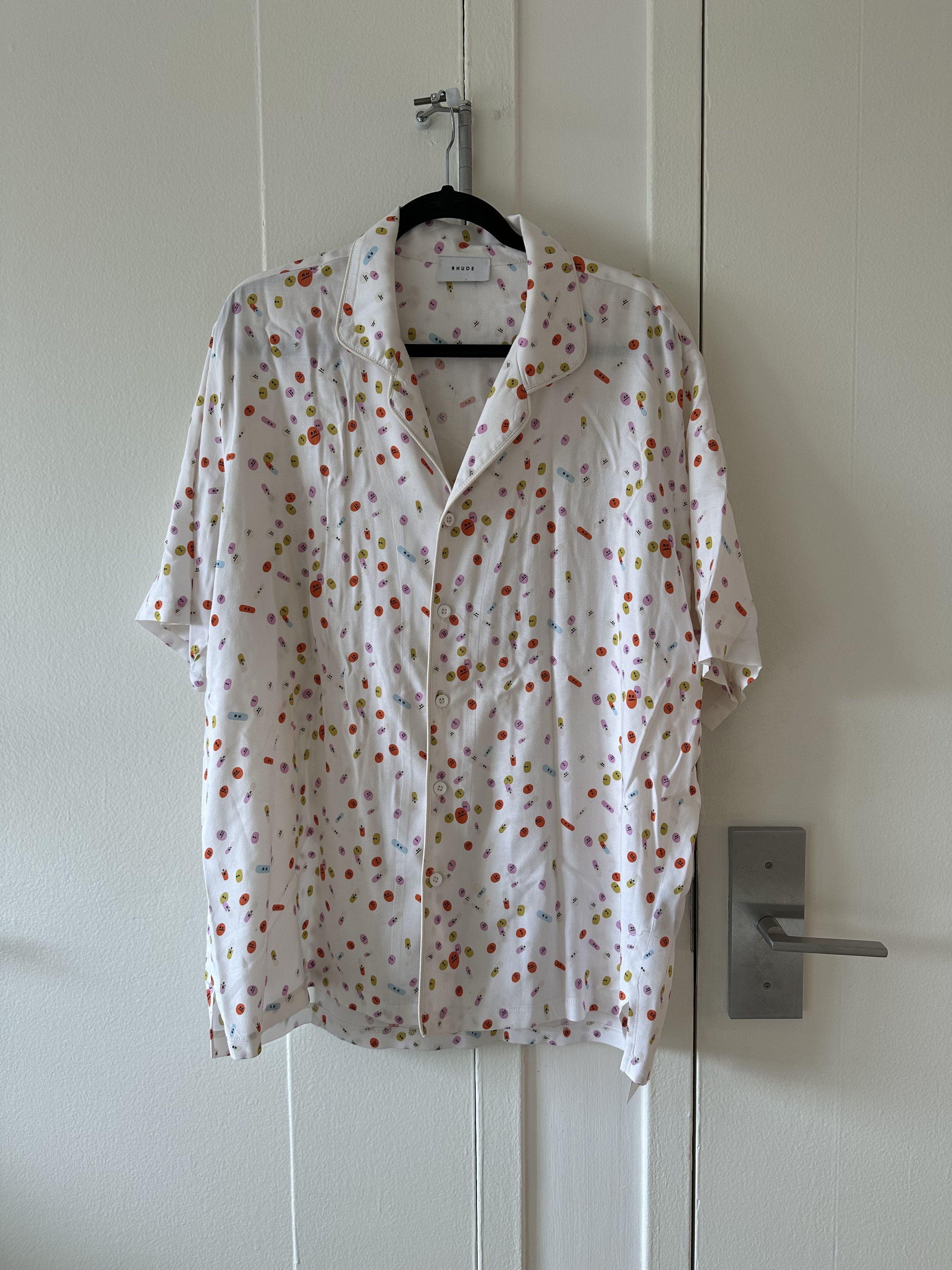 image of Rhude Pills Polka Dot Camp Collar Button Up Shirt, Men's (Size 2XL)