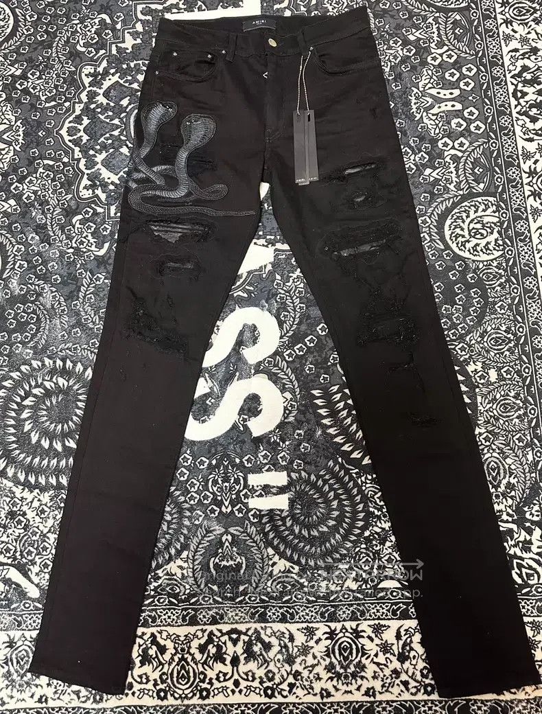 Amiri Amiri Embroidered Destroyed Patchwork Jeans Size 33 Size US 33 - 1 Thumbnail