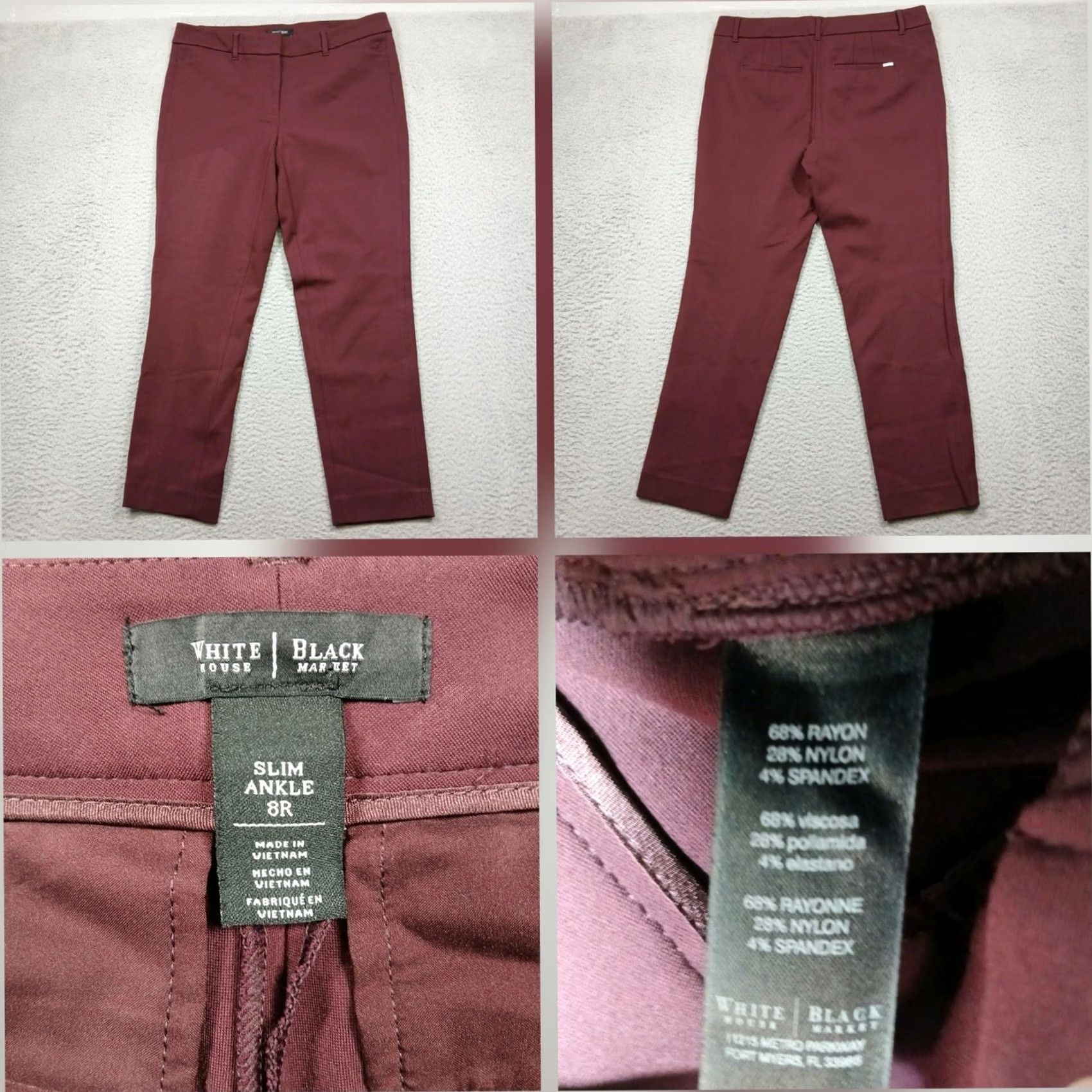 White House Black Market White House Black Market Pants Womens 8R Burgundy Stretch Slim Ankle Size 30" / US 8 / IT 44 - 2 Thumbnail