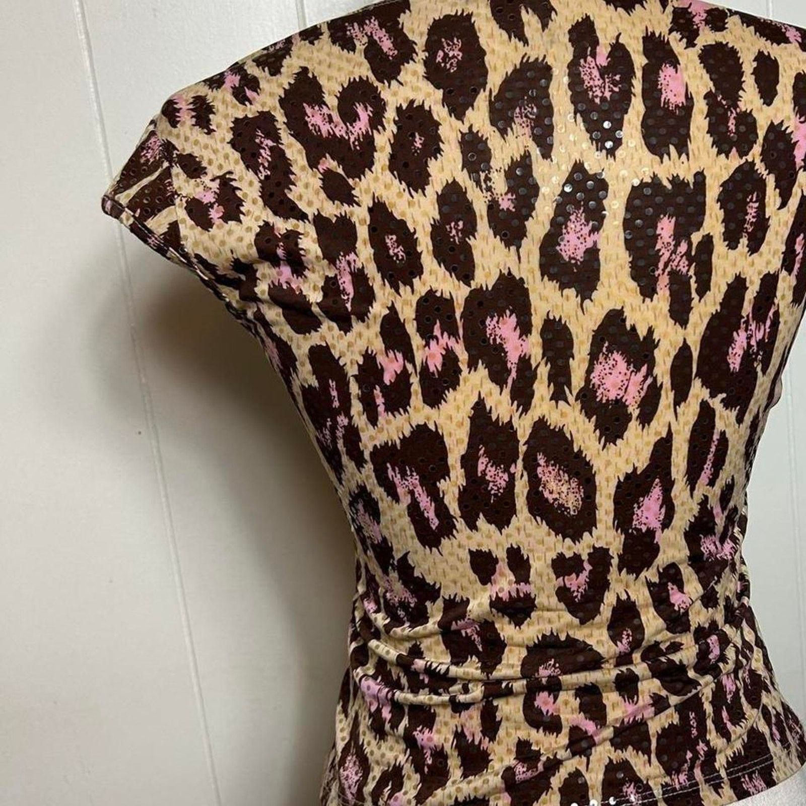 Vintage Y2K Leopard Print Women's S Pink Brown Sequin Sweetheart Top Size S / US 4 / IT 40 - 2 Thumbnail