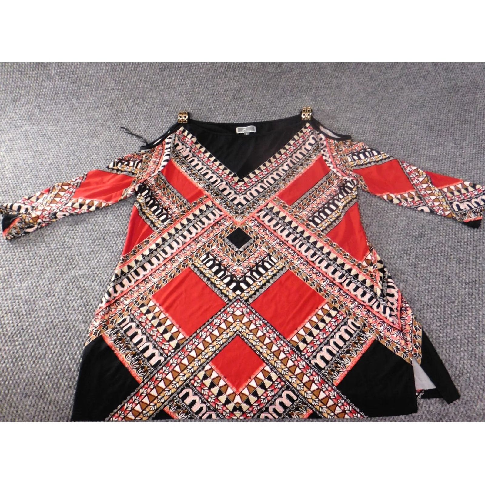 JM Collection JM Collection Blouse Shirt Womens XL Red Geometric Knit 3/4 Sleeve Collared Pullover Stretch Button Classic Casual Size XL / US 12-14 / IT 48-50 - 2 Thumbnail