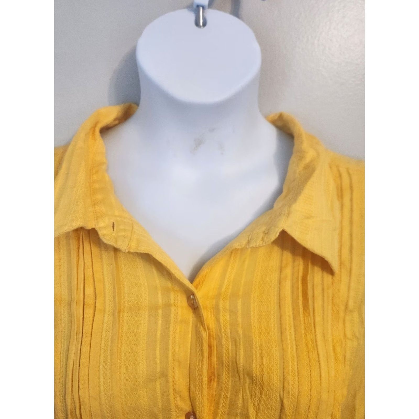 Vintage Only Necessities Yellow Textured Stripe Pleated Button Down Blouse Shirt 3X Womens Blouse Yellow 3X Pleated Button Down Short Sleeve Casual Shirt Size XXL / US 16-18 / IT 52-54 - 2 Thumbnail
