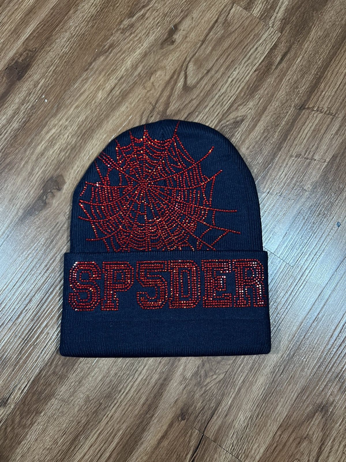 image of Hypebeast x Spider Worldwide Sp5Der Worldwide Spider Rhinestone Web Beanie in Navy/Red, Men's