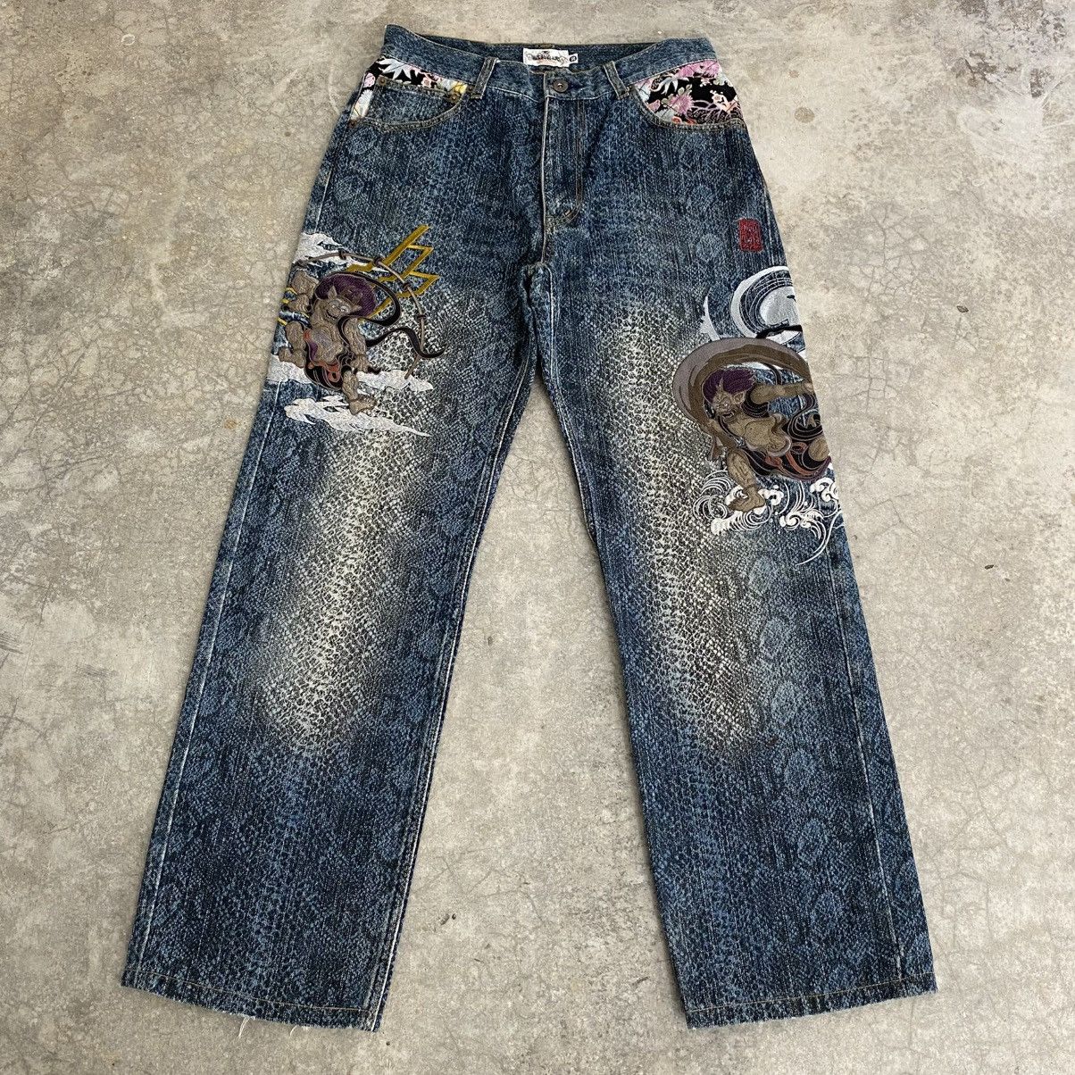 Karakuri Tamashii 00’s Karakuri Tamashii Fūjin Wind God Embroidered Jeans Size US 30 / EU 46 - 1 Thumbnail