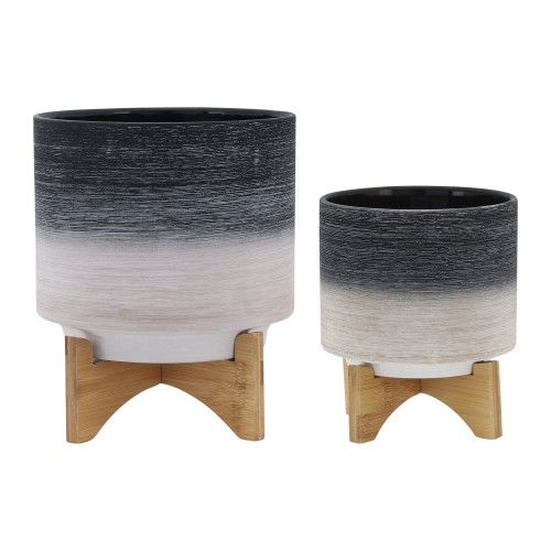 Designer × Homemade CERAMIC, S/2 8/10" PLANTER ON WOODEN STAND, GRAY Size US L / EU 52-54 / 3 - 1 Thumbnail