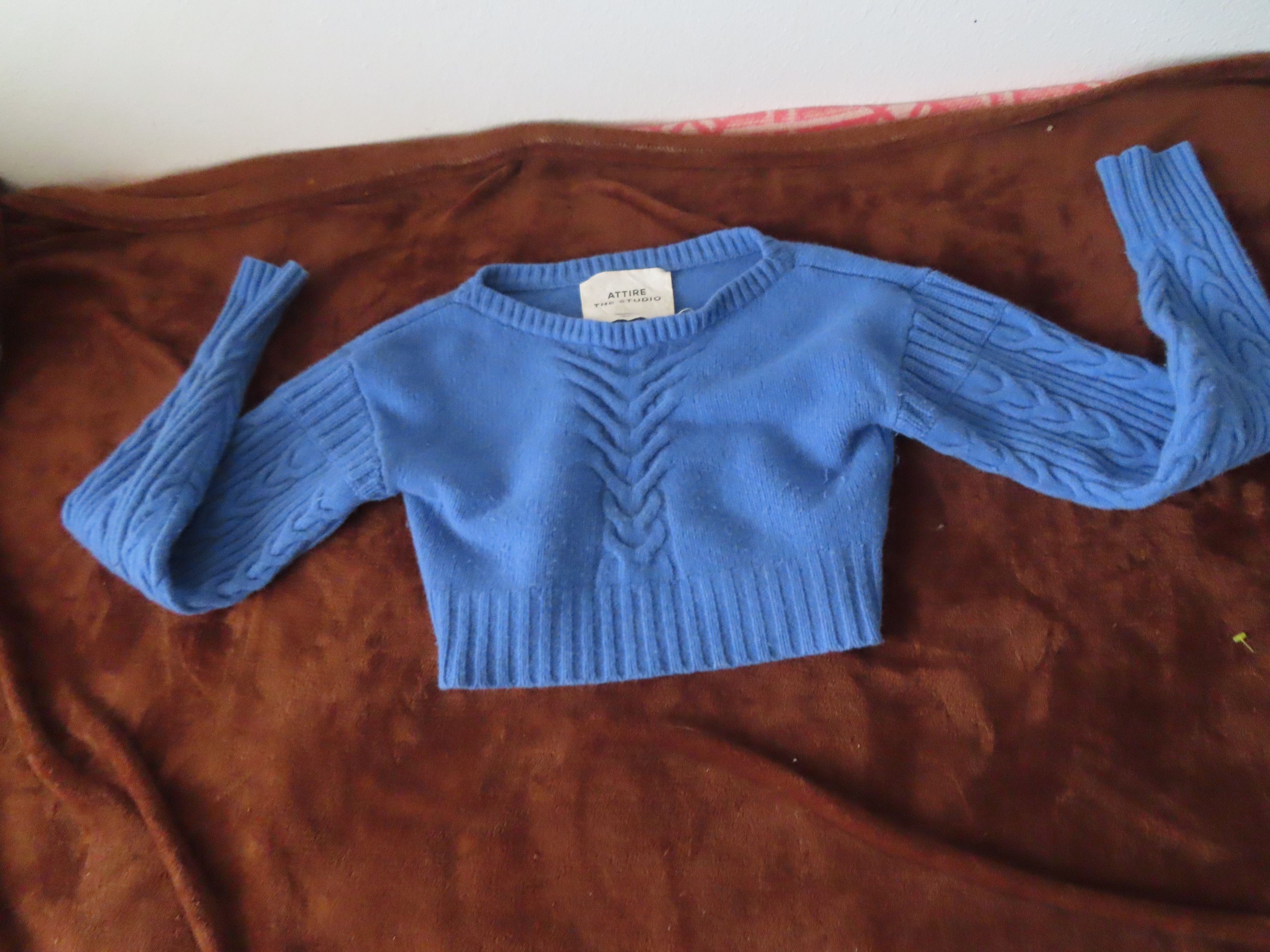 image of Designer Attire The Studio Sweater Wool Crop Cableknit Chunky Blue, Women's (Size Small)