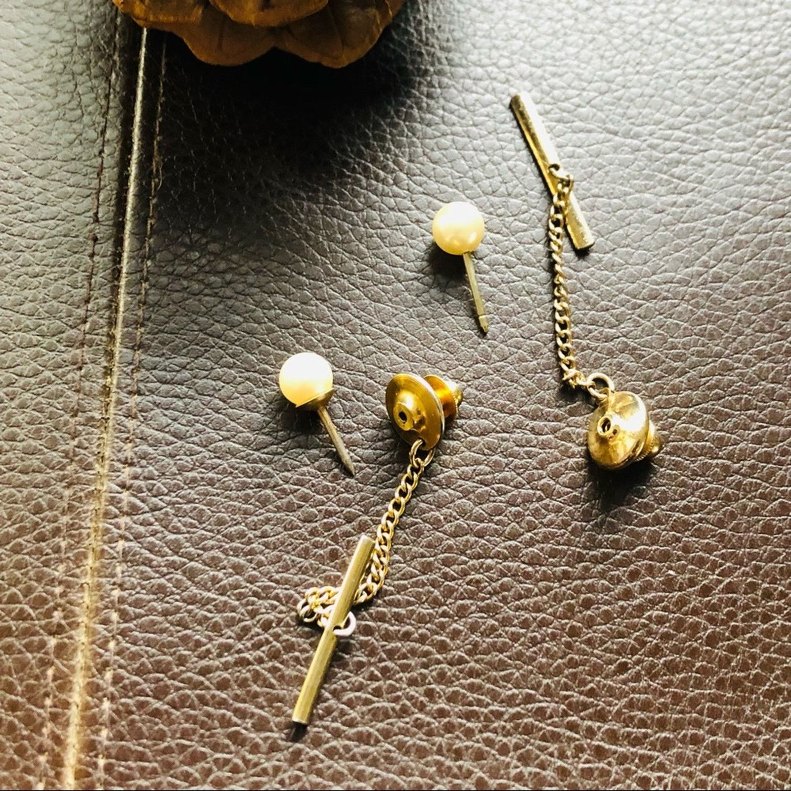 Vintage Vintage men’s faux pearl gold tie clip pin with set of 2 Size ONE SIZE - 4 Thumbnail