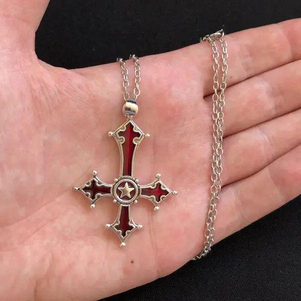 Other Chrome Red Silver Cross Goth God Pendant Necklace Star Demon Size ONE SIZE - 5 Thumbnail