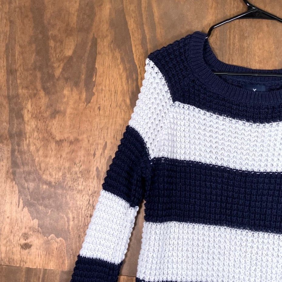 American Eagle Outfitters American Eagle Womens Sweater White Navy Striped Open Knit 100% Cotton Small Size S / US 4 / IT 40 - 4 Thumbnail