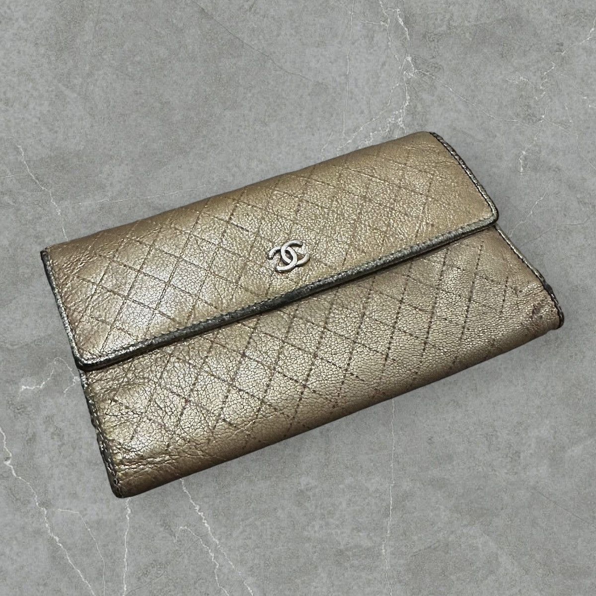 image of Chanel Bicolore Cocomark Quilted Tri-Fold Long Wallet in Gold, Women's