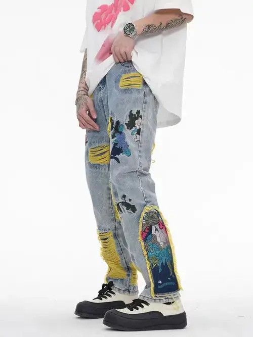 Japanese Brand Retro heavy embroidery ripped washed distressed jeans Size US 32 / EU 48 - 4 Thumbnail
