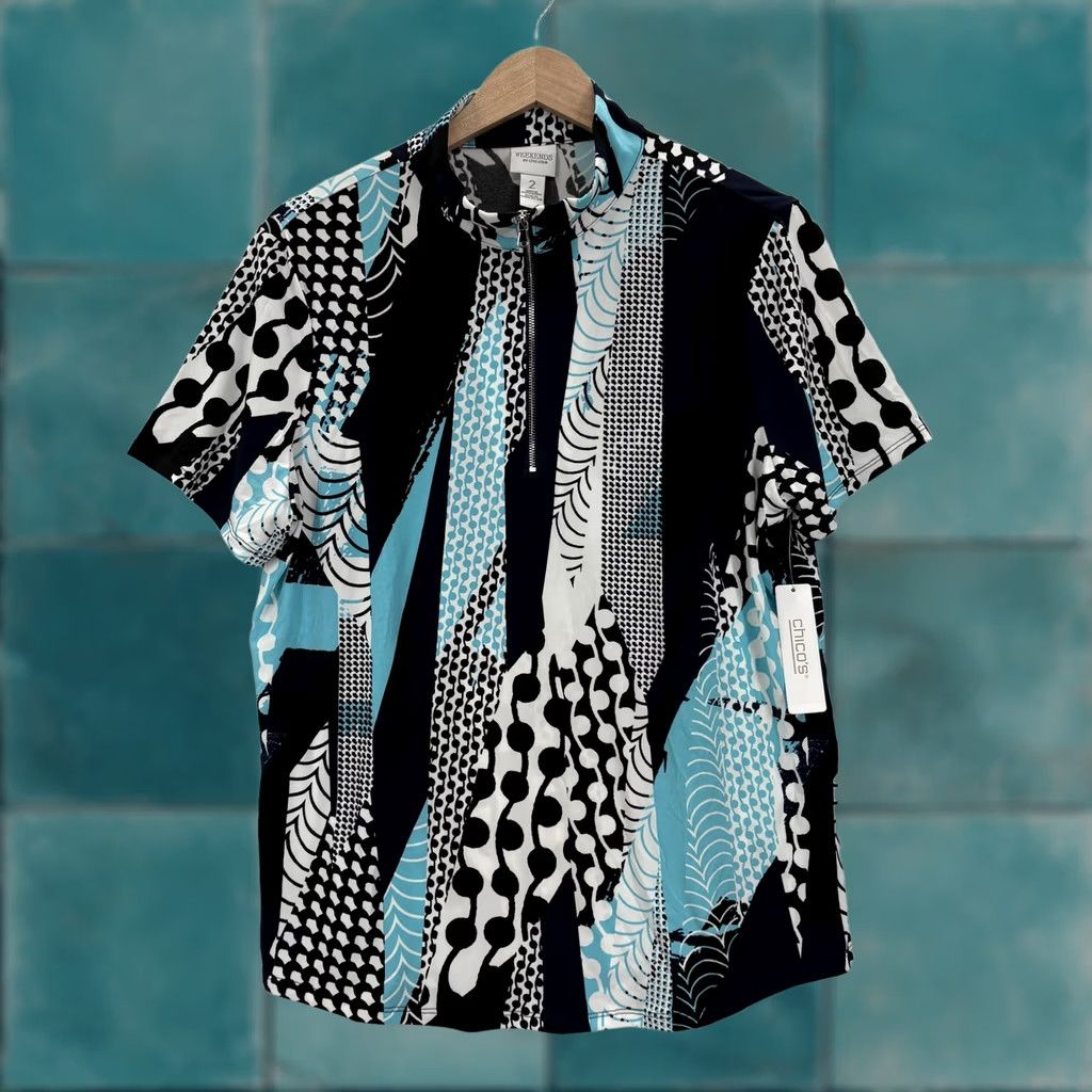 Vintage Chico's Polo Shirt Womens Black Blue Mock Neck Zip Abstract Geometric 2 12 Short Sleeve Jersey Polyester Spandex Casual Summer Womens Size XL / US 12-14 / IT 48-50 - 1 Thumbnail