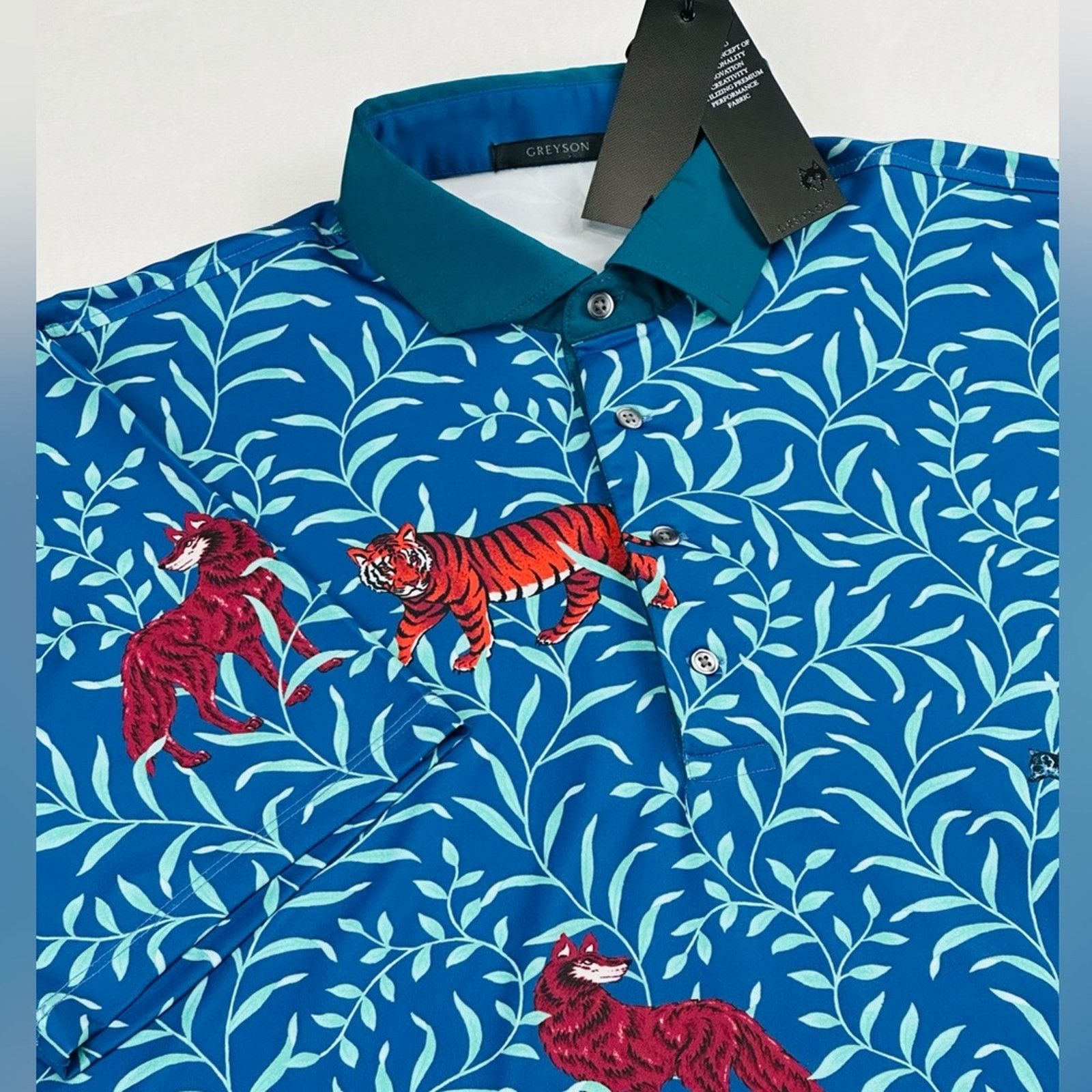 Other Greyson Men’s XL Wolf Mongoose Tiger Blue Golf Polo, Jungle Size US XL / EU 56 / 4 - 11 Thumbnail