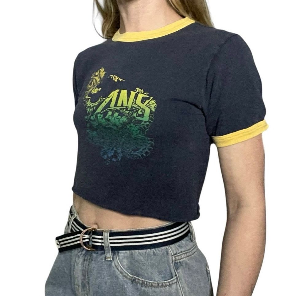 Vans VANS Navy Blue & Yellow Floral Logo Ringer Cropped Top Size M / US 6-8 / IT 42-44 - 3 Thumbnail