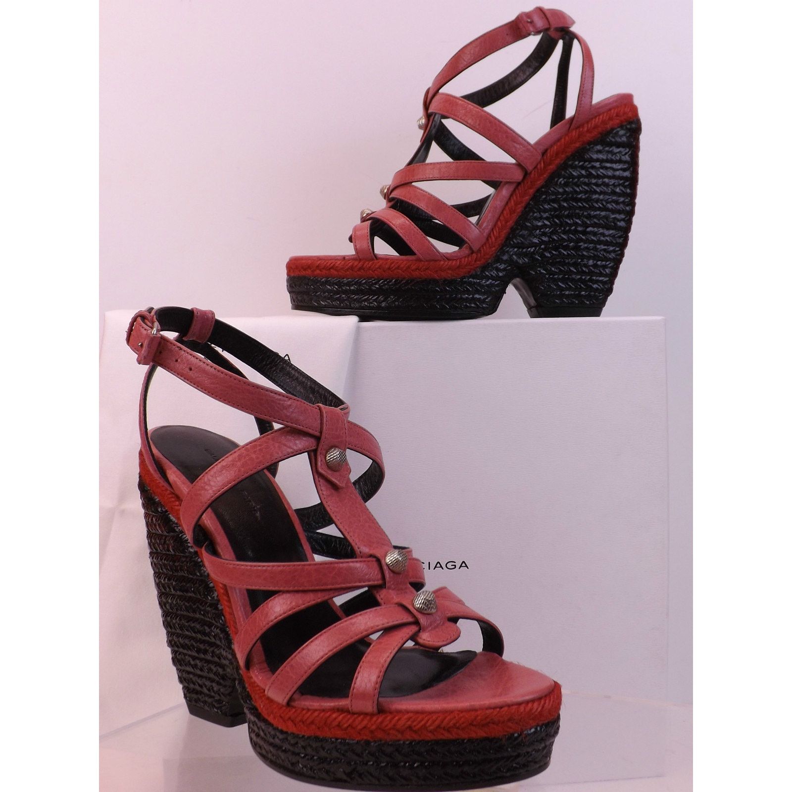 Balenciaga BALENCIAGA ARENA ROSE PINK LEATHER WEDGE STUDDED SANDALS 39 Size US 9 / IT 39 - 1 Thumbnail
