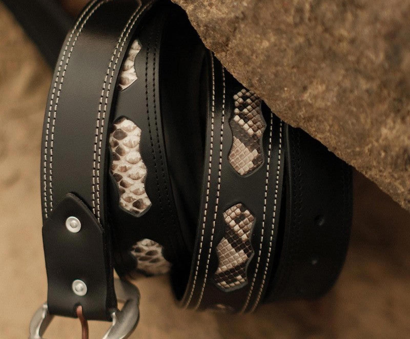 Leather Full Grain Cowhide Belt – Hollow Python, Brass Buckle Size ONE SIZE - 1 Thumbnail