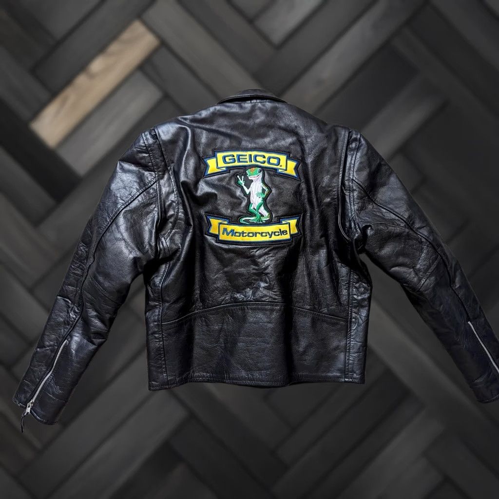 Vintage VINTAGE Geico black leather motorcycle jacket Lucky Leather L Mens 42-44 1990s Y2K style Size US L / EU 52-54 / 3 - 1 Thumbnail