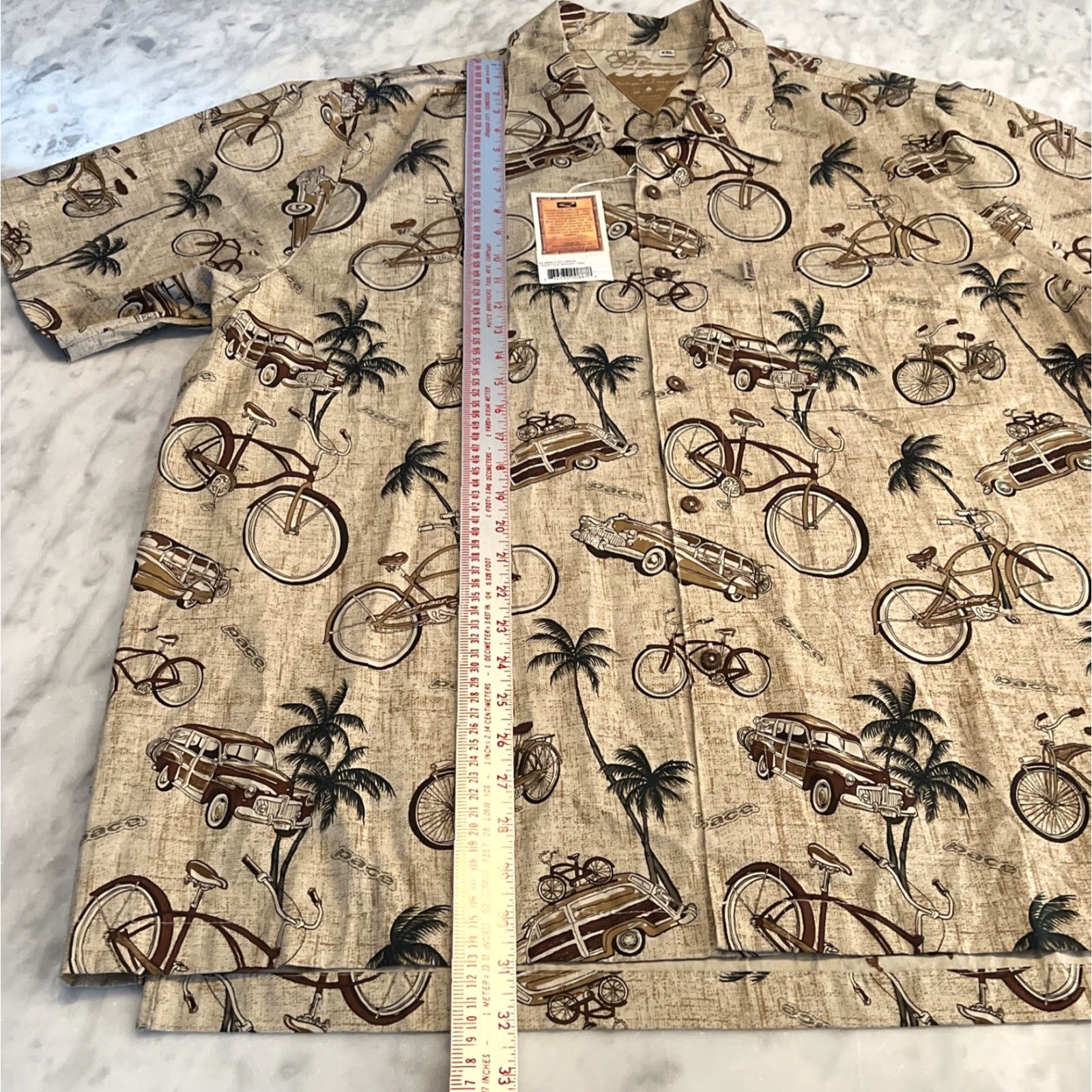 Vintage Pace Sports Wear Men’s XXL Button Short Sleeve Woodys Bicycles Palm Trees USA Shirt Men 2XLT Brown Cotton Blend Button-Up Casual Travel Size US 39 - 4 Thumbnail