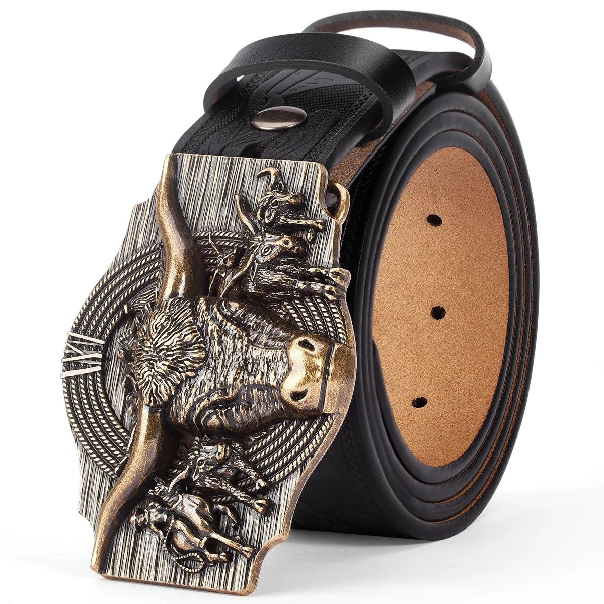 Leather × Vintage Cow Pattern Floral Engraved Buckle Belt Size ONE SIZE - 3 Thumbnail