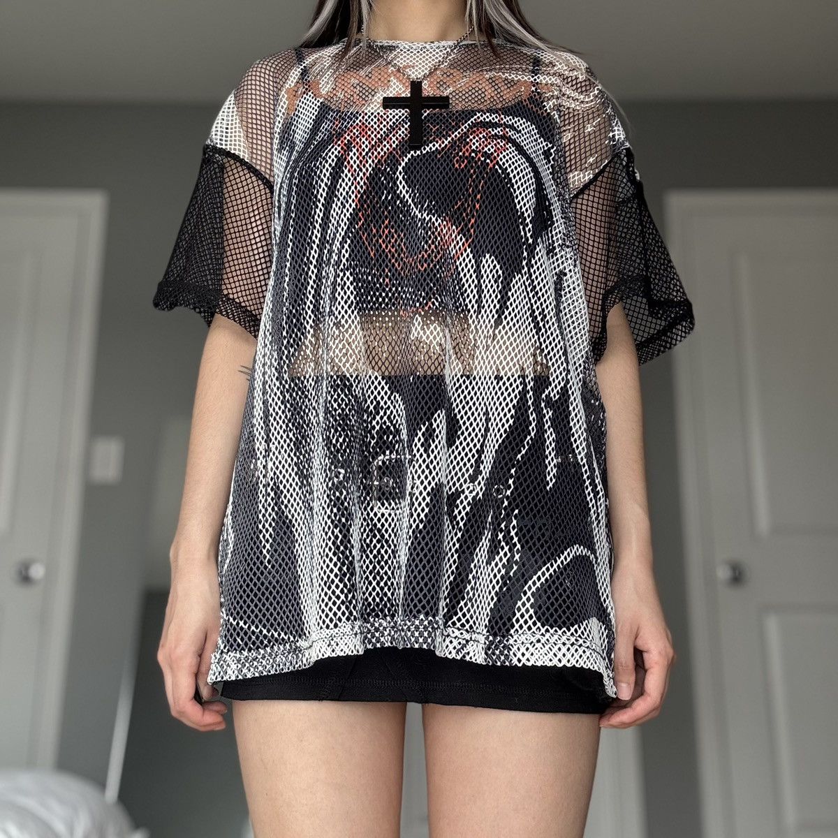 Other Punk Rave Unisex Mesh Graphic Black & White T-Shirt Size M / US 6-8 / IT 42-44 - 1 Thumbnail