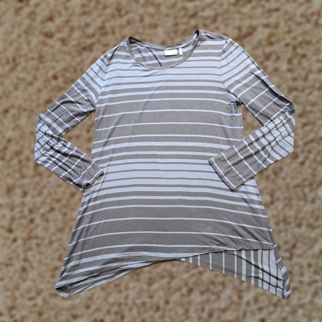Vintage LOGO Lori Goldstein Top Women M Blue Gray Stripe Stretch Casual Career Shirt Blouse Mens Womens Girls Boys Size M / US 6-8 / IT 42-44 - 1 Thumbnail
