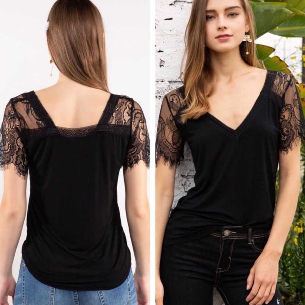 Other Black Lace Eyelash Hem Sleeved V-Neck Tee Size S / US 4 / IT 40 - 2 Thumbnail