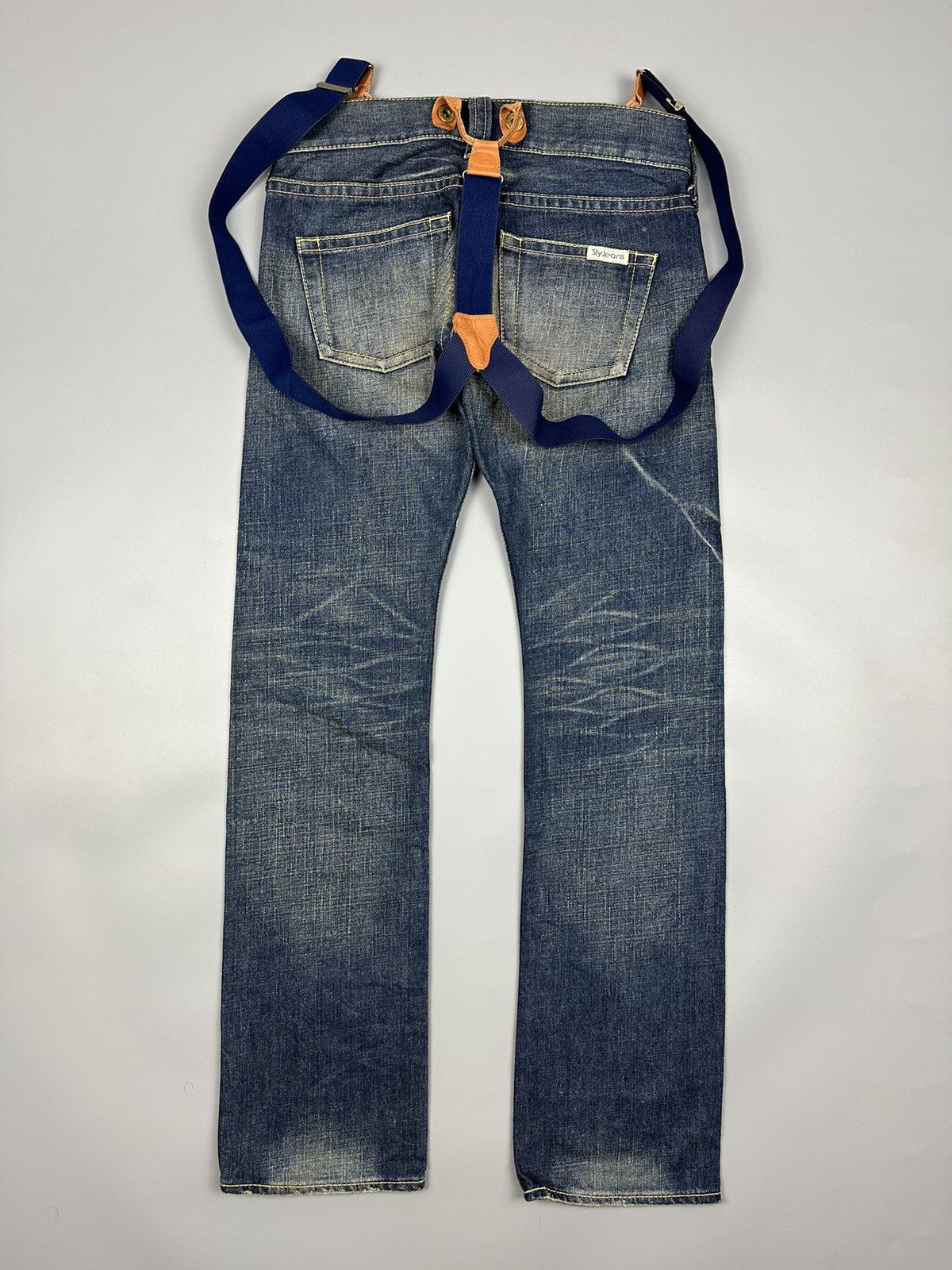 If Six Was Nine × Le Grande Bleu (L.G.B.) 🔥Flared🔥 SLY Glamour Jeans With Suspenders Leather Denim Size US 32 / EU 48 - 2 Thumbnail